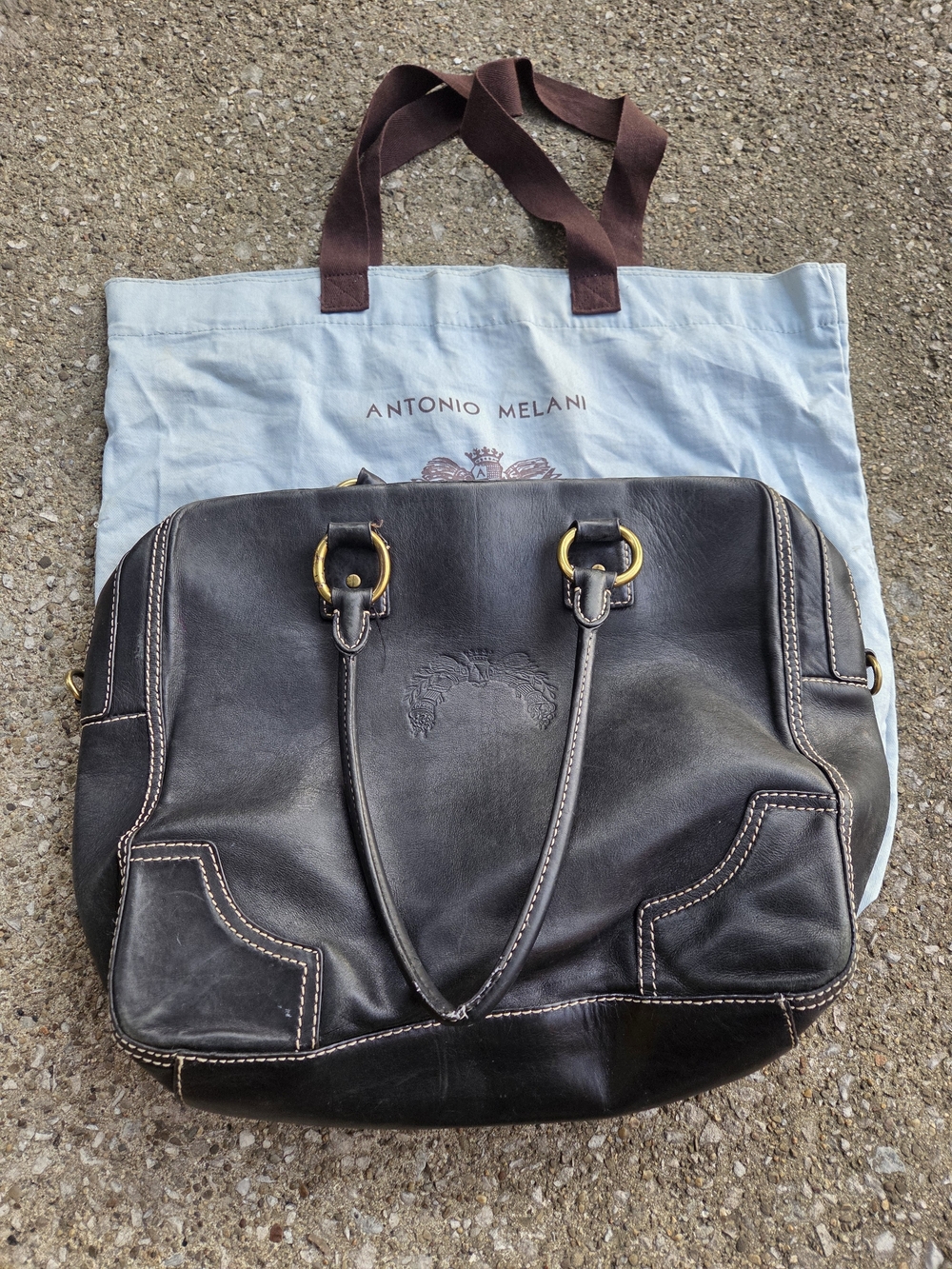Vintage Antonio Melani Black Leather  Tote | Contrast Stitching | Dust Bag